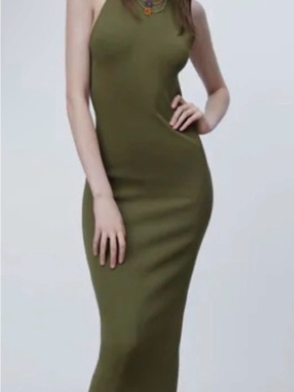 Zara Olive Green Knit Open Back Midi Dress
